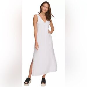 DKNY V-Neck Maxi Dress White 100% Linen NWOT Size L